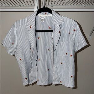Striped Short Sleeve Shirt with Embroidered Strawberry Accents